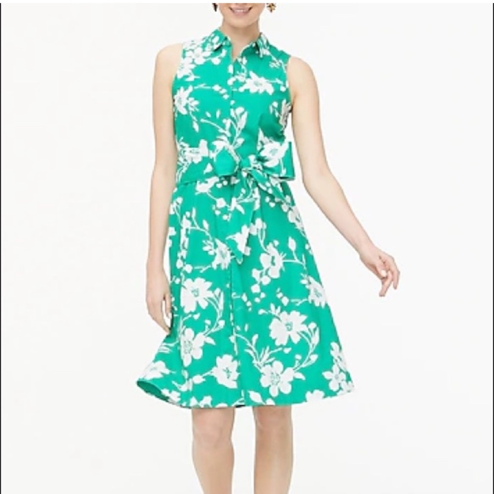 J.Crew Green White Floral Sleeveless Button Front Tie Waist Shirtdress Size 4